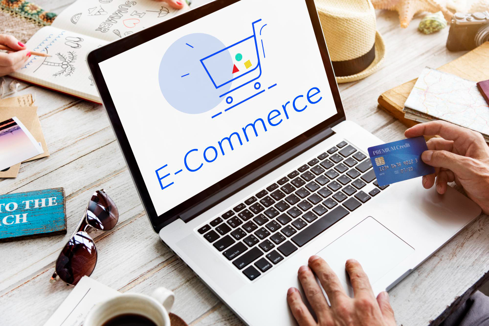 e commerce marketing e- commerce 3 trending ways in E- Commerce to keep your business competitive showing cart trolley shopping online sign graphic